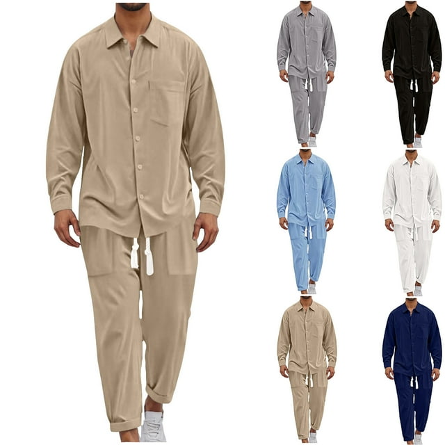 Man Leisure Solid Color Button Pocket Long Sleeves Shirt Beach Trousers Suit
