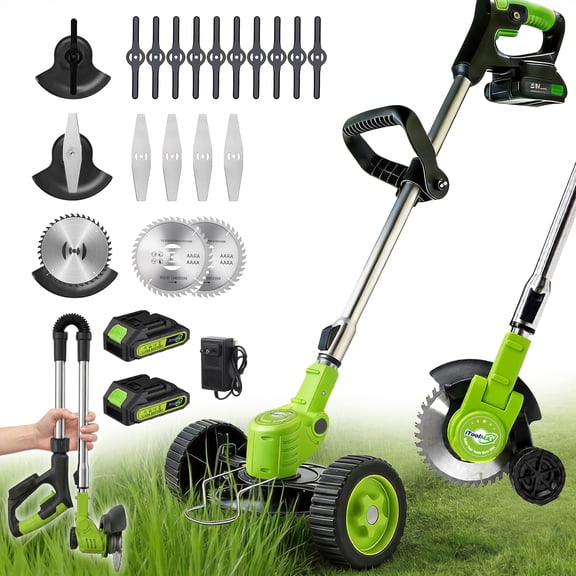 Cordless Electric Weed Wacker with Wheels, 3-In-1 Grass Trimmer & Brush Cutter & Lawn Edger, 3 Types Blade, 2X2000mAh Batteries, Lightweight String Trimmer for Garden and Yard Lawn, Gifts for Seniors