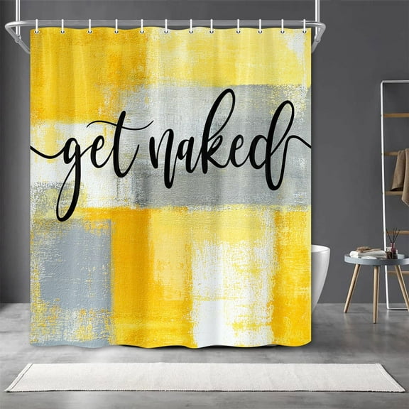 Yellow Ombre Fabric Shower Curtain Funny Black Art Get Naked on Abstract Paint Brush Graffiti Design Bath Curtain, Modern Chic Mustard Yellow Grey Bathroom Shower Curtain Set with Hooks 72X72IN
