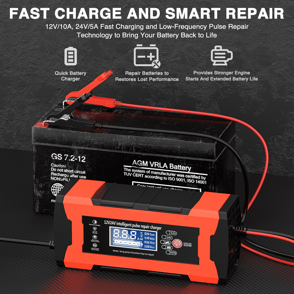 ODOMY Fully-Automatic Smart 12V And 24V Maintainer Desulfator Car Battery  Charger with Temperature Compensation for Car Truck Motorcycle Lawn Mower  Batteries 