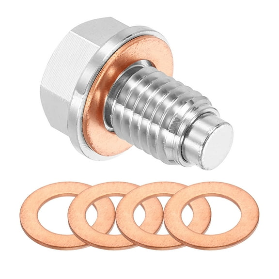 M12x1.75 Magnetic Oil Drain Plug,28mm Length with 5 Pack Copper Crush Washer