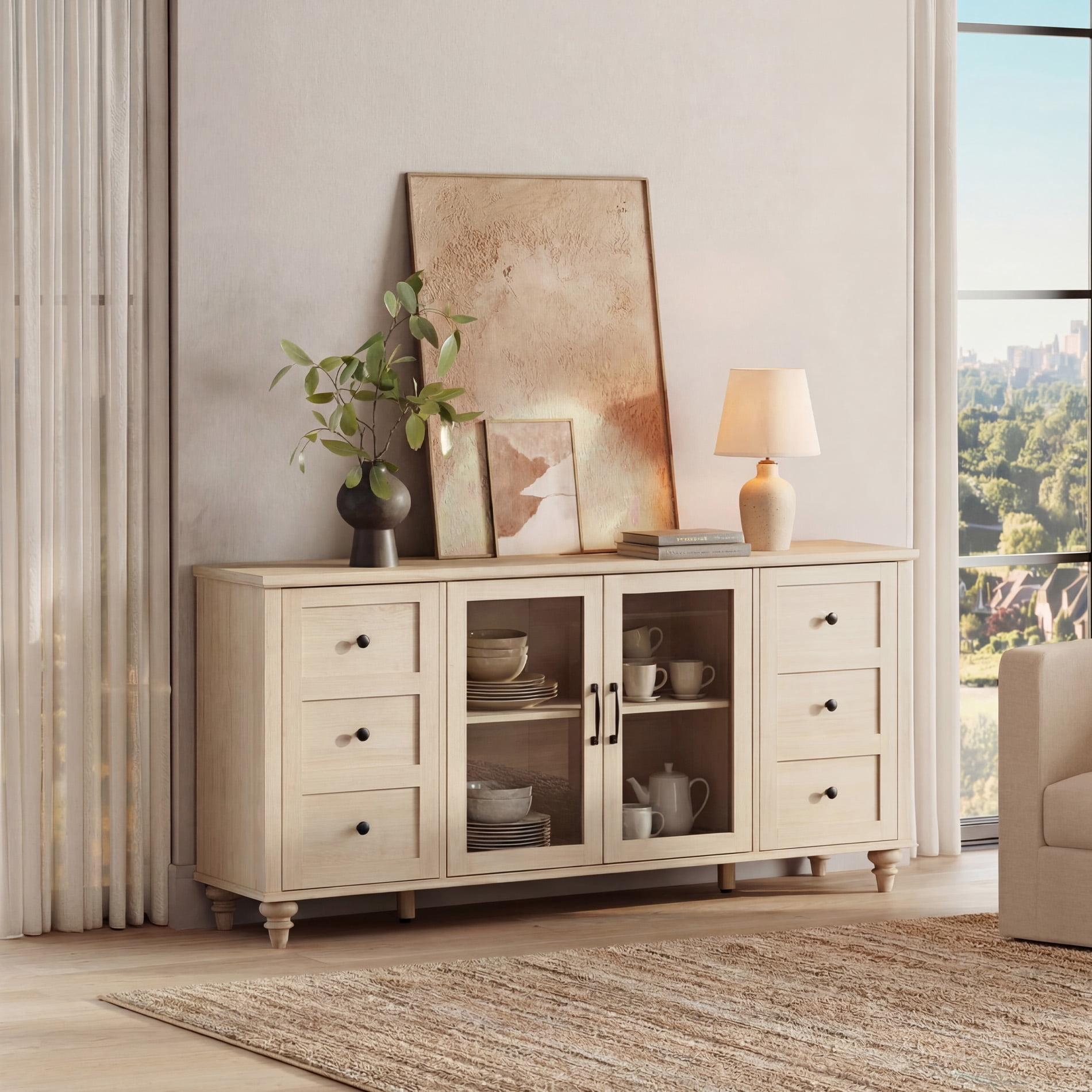 Beige Sideboard with Glass Door, Farmhouse Buffet Cabinet with Storage Shelf for Kitchen Dining Room