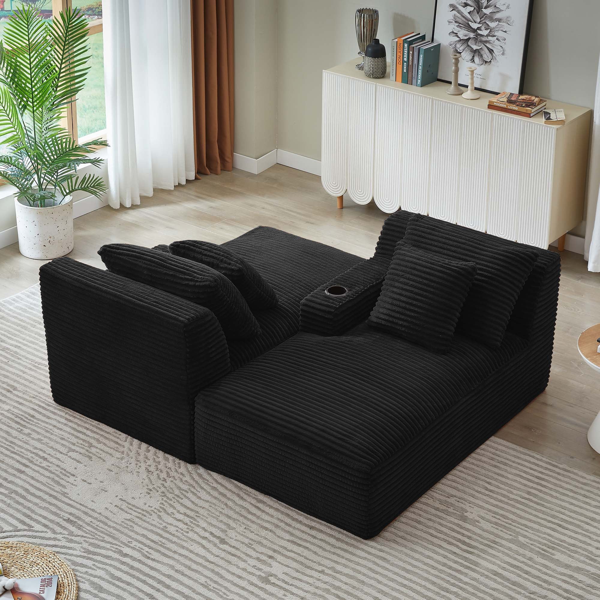 Miniyam Black Compressible Double Chaise Lounge with Cupholders, Modern Corduroy Sleeper Fluffy Loveseat for Indoor Living Room Bedroom Reading