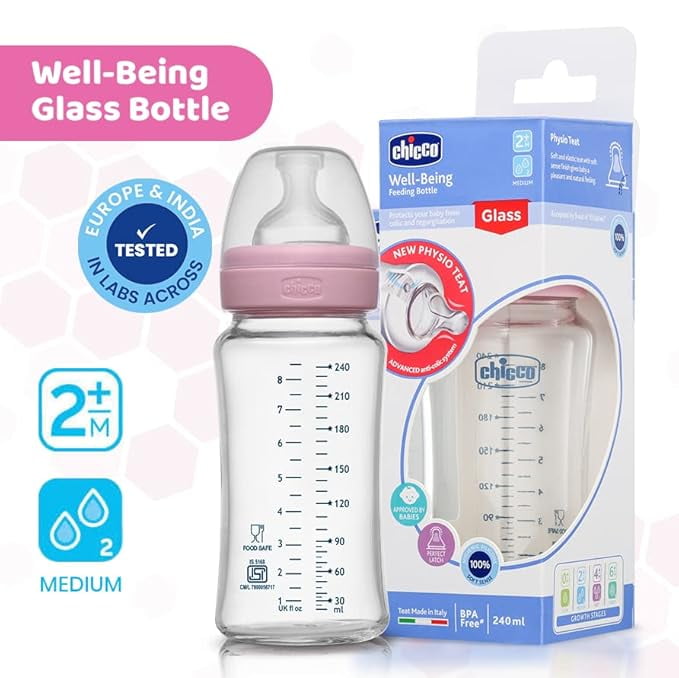Chicco Well-Being Glass Feeding Bottle for Babies (240ml, Medium Flow) | Premium Borosilicate Glass for High Durability | Elongated Teat for Correct Latch | Comes with Anti-Spill Cap | BPA Free (Pink)