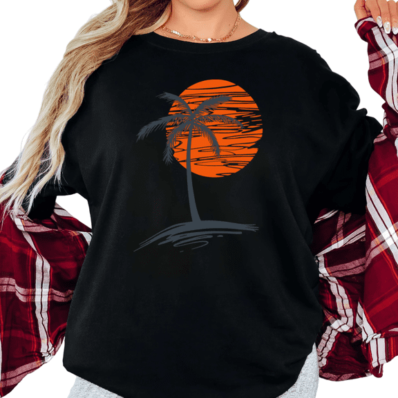 UNISHE Women's "Vintage Beach Sunset" Minimalist Palm Tree Short Sleeve T-Shirt Casual Cotton Crewneck Top