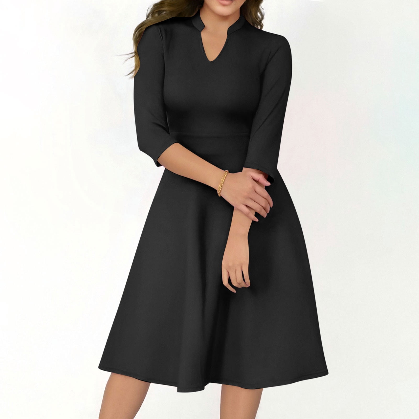 2025 Casual Dresses for Women Semi Formal Flare Dress 3/4 Sleeve V Neck A-line Church Work Dress with Pockets