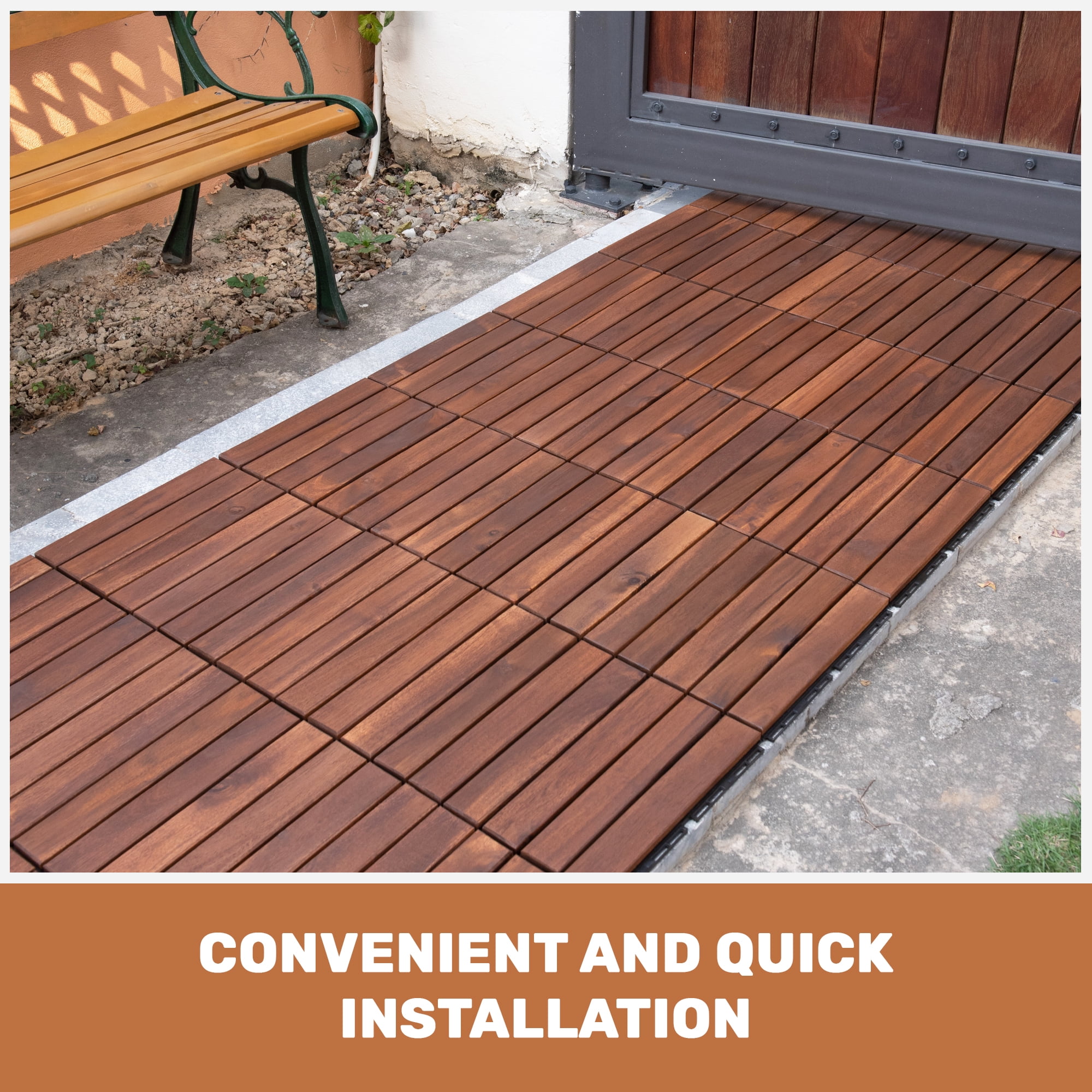 10 PCS Striped Pattern Interlocking Deck Tiles 12"x12" Square Acacia Hardwood Outdoor Flooring for Patio Balcony Pool Side Garden Porch