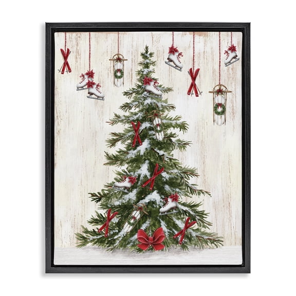 Stupell Industries Rustic Lodge Ice Skates & Sleds on Tree Black Floating Frame Canvas Art, 17 x 21, by Emma Leach
