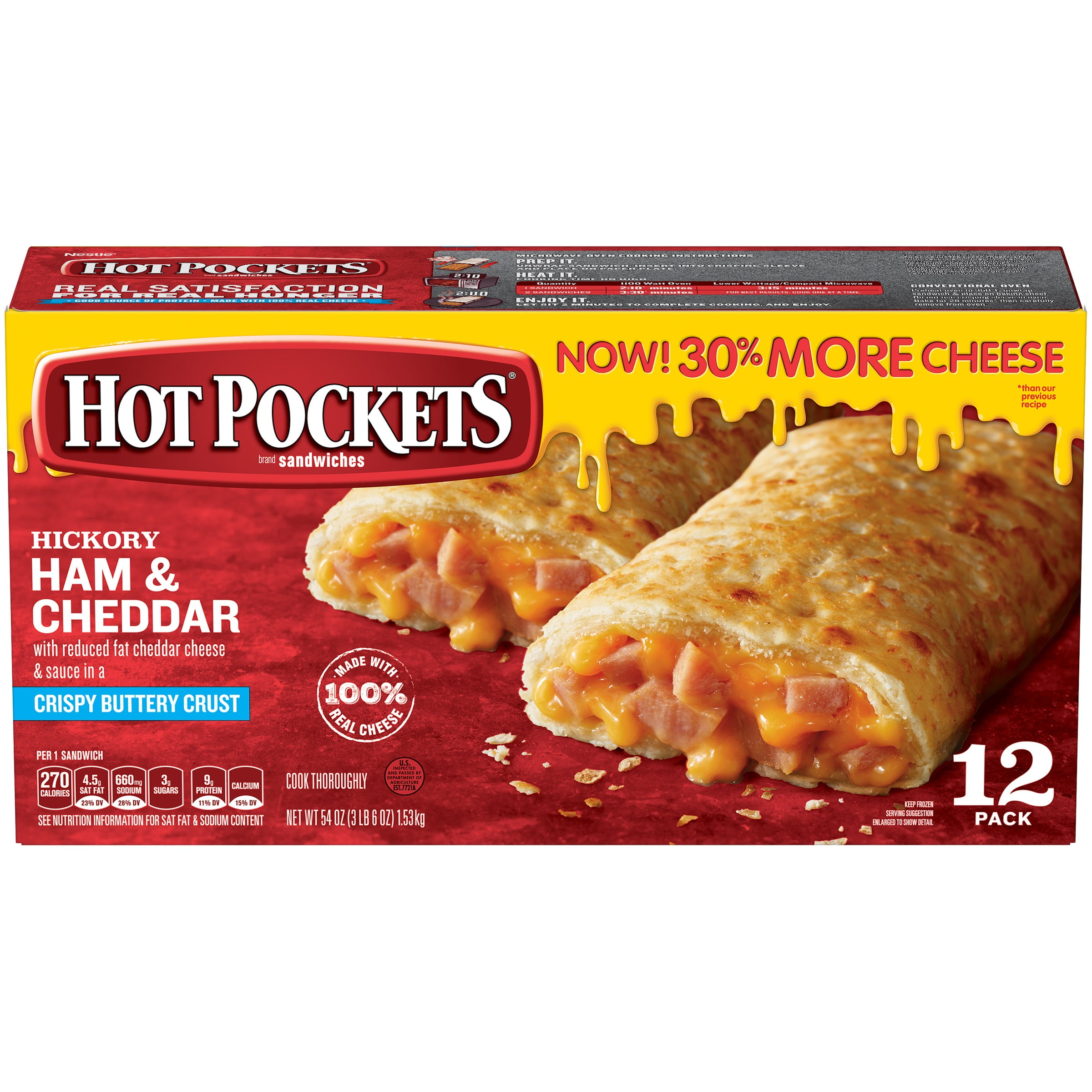 HOT POCKETS Hickory Ham & Cheddar Frozen Sandwiches 12 ct. Box Frozen Food With Cheddar Cheese