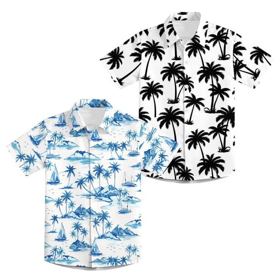 Aideaone 2 Pack Boy Hawaiian Shirts Button Down Kids Tropical Aloha Shirts Short Sleeve Size 8-14 Year
