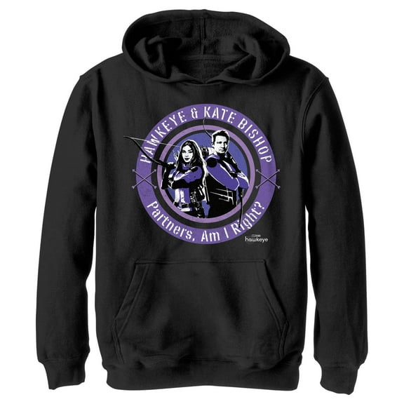 Boy's Marvel Hawkeye Partners, Am I Right? Stamp  Pull Over Hoodie Black X Large