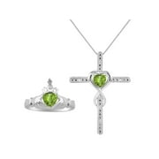 RYLOS Jewelry For Women Sterling Silver Claddah Friendship Ring & Cross Necklace with 18" Chain Heart Gemstone & Genuine Diamonds 6MM Peridot August Birthstone Womens Jewelry Matching Friendship