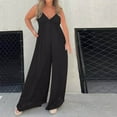 thumbnail image 3 of Women's Summer Jumpsuit Sling Deep V High Waist One Piece Bodysuit Casual Loose Straight Wide Leg Pants Rompers Black,S, 3 of 6