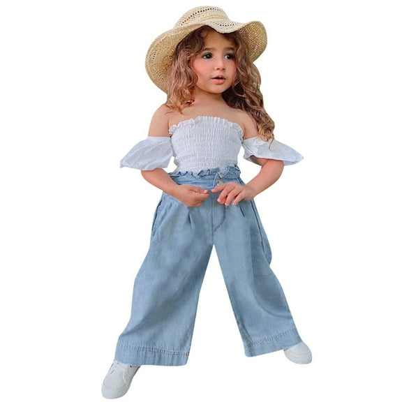 Girls Off Shoulder Casual Suit Ruffles T Shirt Tops Denim Trousers Clothes Outfits Little Girl Summer Sets
