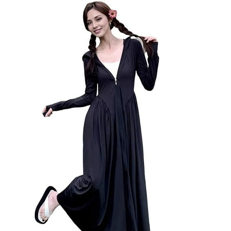 Kitem Women s Sun Protection Hoodie Coat Full Body Cooling Sunscreen Clothing Long Sleeve Swimsuit Cover Up Dress for Summer Beach Fishing Hiking (Black XL)