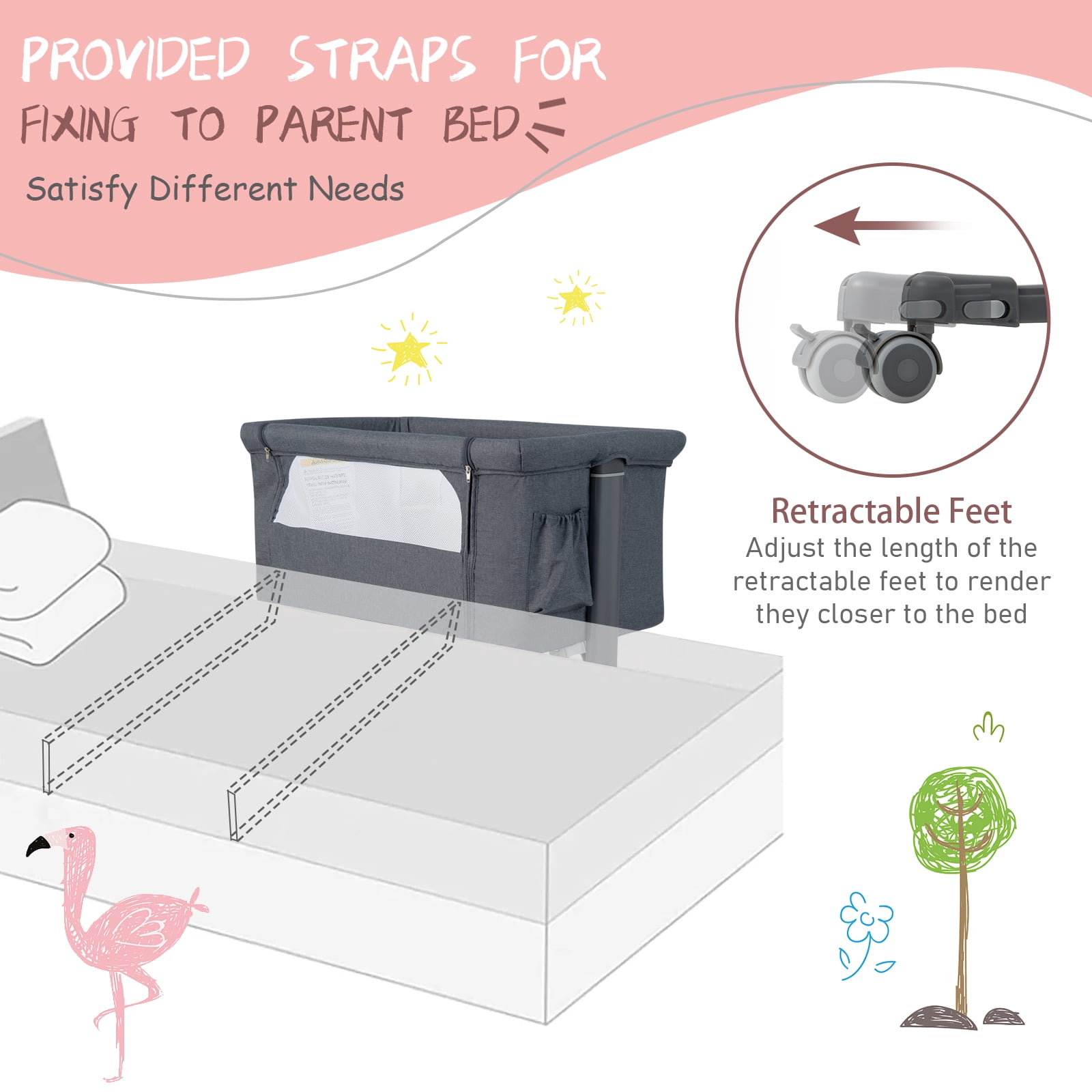 Babyjoy 3-in-1 Baby Bassinet Beside Sleeper Crib with 5-Level Adjustable Heights Gray