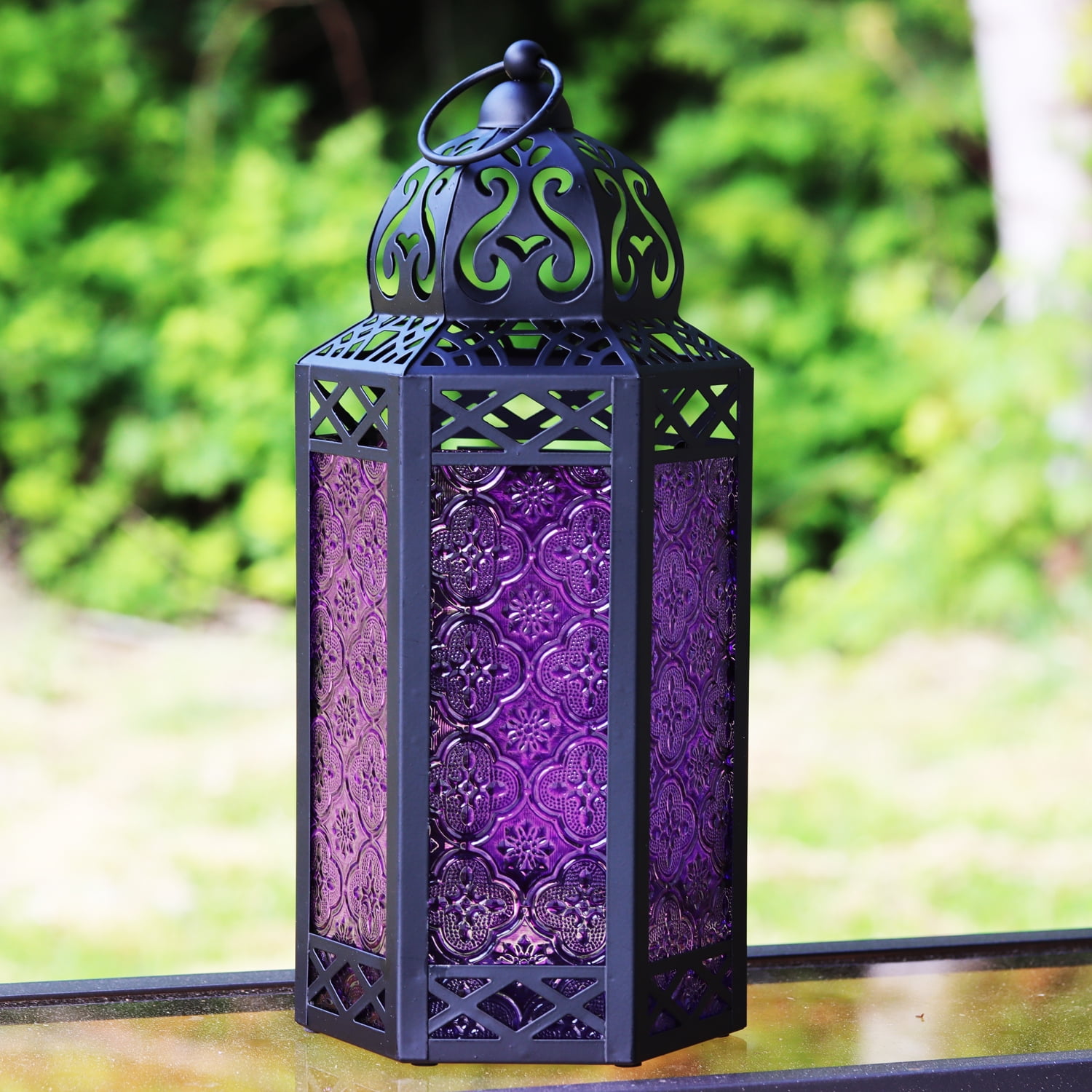 Lantern Candle Holder Exotic Moroccan Amber Glass Metal Outdoor Patio Home Decor 