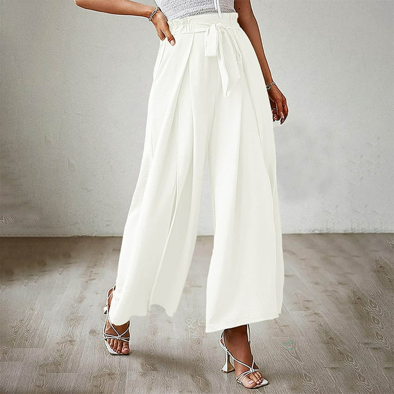 Dadaria Wide Leg Pants for Women Dressy Fashion Women Summer Bow Casual  Loose High Waist Pleated Wide Solid Trousers Pants White M,Women