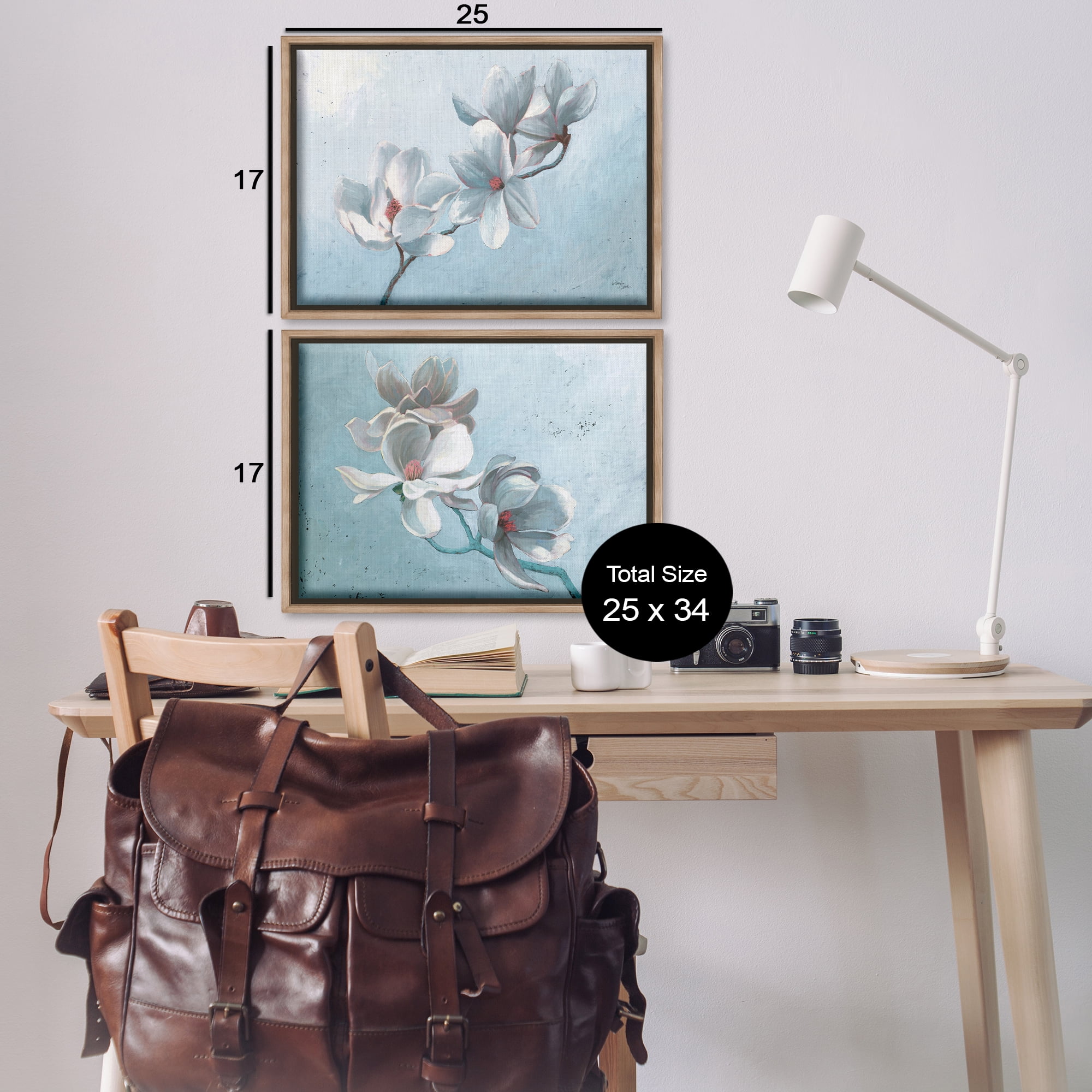 Stupell Industries Single Magnolia Branch Blossoms Plants & Flowers Painting Brown Floater Framed Canvas Art Print Wall Art, 25 x 17, Set of 2