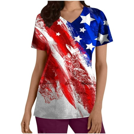 

4th of July Shirts for Women Summer US Flag Short Sleeve V Neck with Pockets Nurse Working Uniform Scrub Tops
