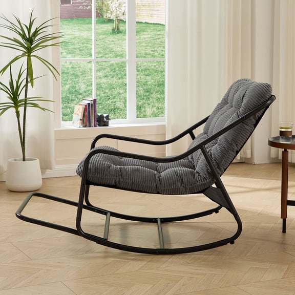 S-HOME Outdoor Rocking Chair With Soft Thick Cushion, Black Steel Frame, For Living Room & Patio Use, Grey