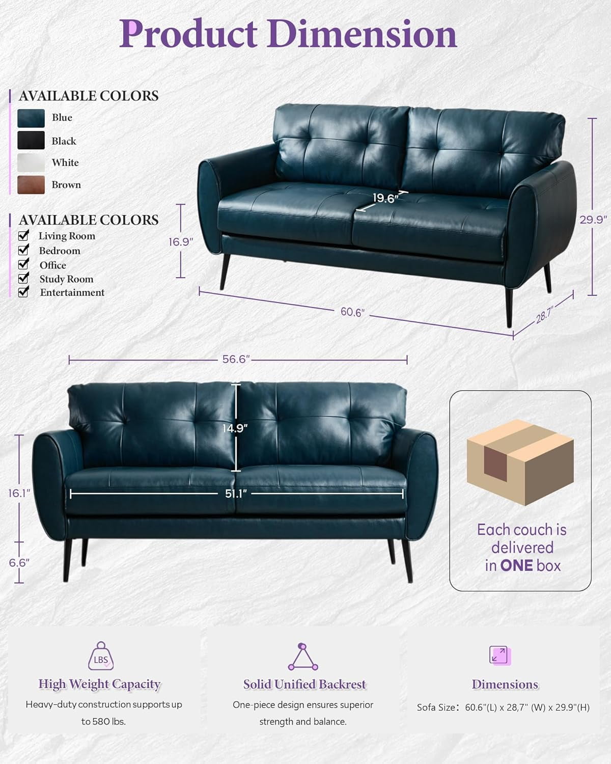 LAZZO 61" Faux Leather Loveseat, Mid Century Modern Tufted 2-Seat Sofa for Small Spaces, Blue
