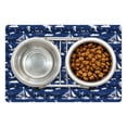 thumbnail image 1 of Navy Blue Pet Mat for Food and Water, Sailboat Vertical Stripe Pattern Anchor Fishes Gulls Paint Effect Nautical Theme, Non-Slip Rubber Mat for Dogs and Cats, 18" X 12", by Ambesonne, 1 of 2