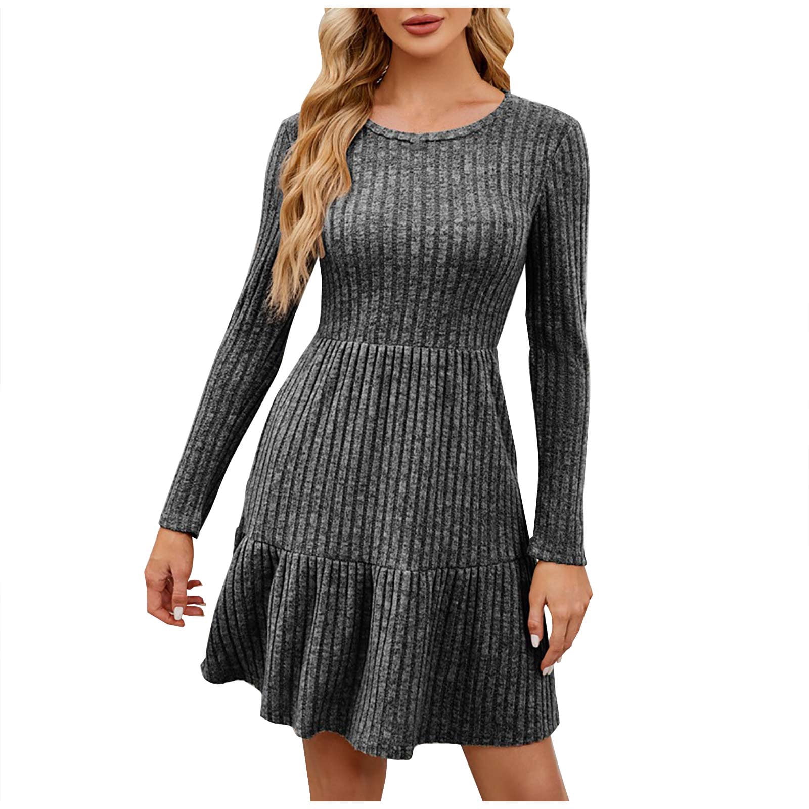 OSFVNOXV Long Sleeve Sweater Dress for Women Ribbed Knit Shirt High Waisted Bodycon Tiered Mini Dress with Pockets