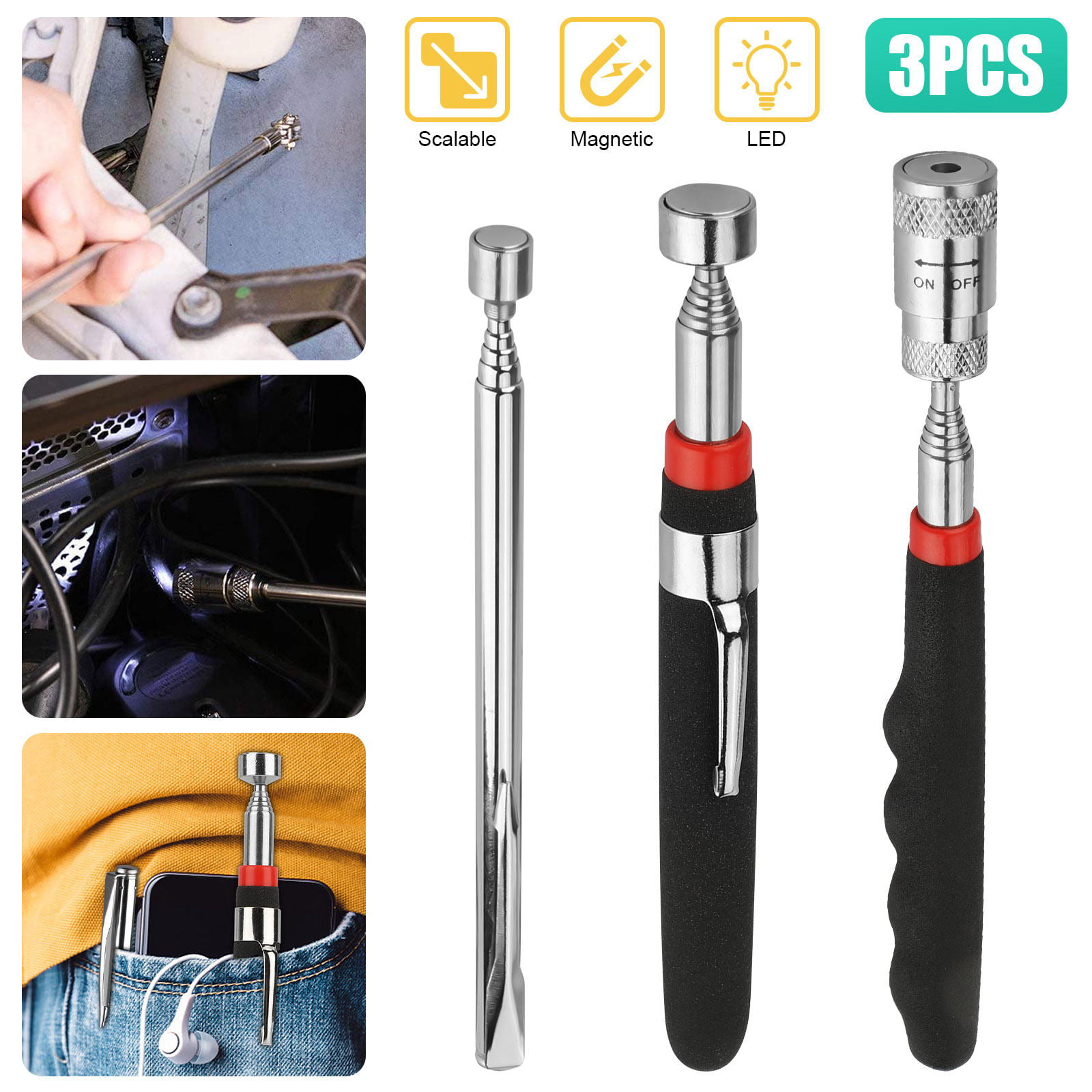 TELESCOPIC LED LIGHTED LIGHT UP FLEXIBLE MAGNETIC SMALL PARTS PICK UP TOOL STICK 
