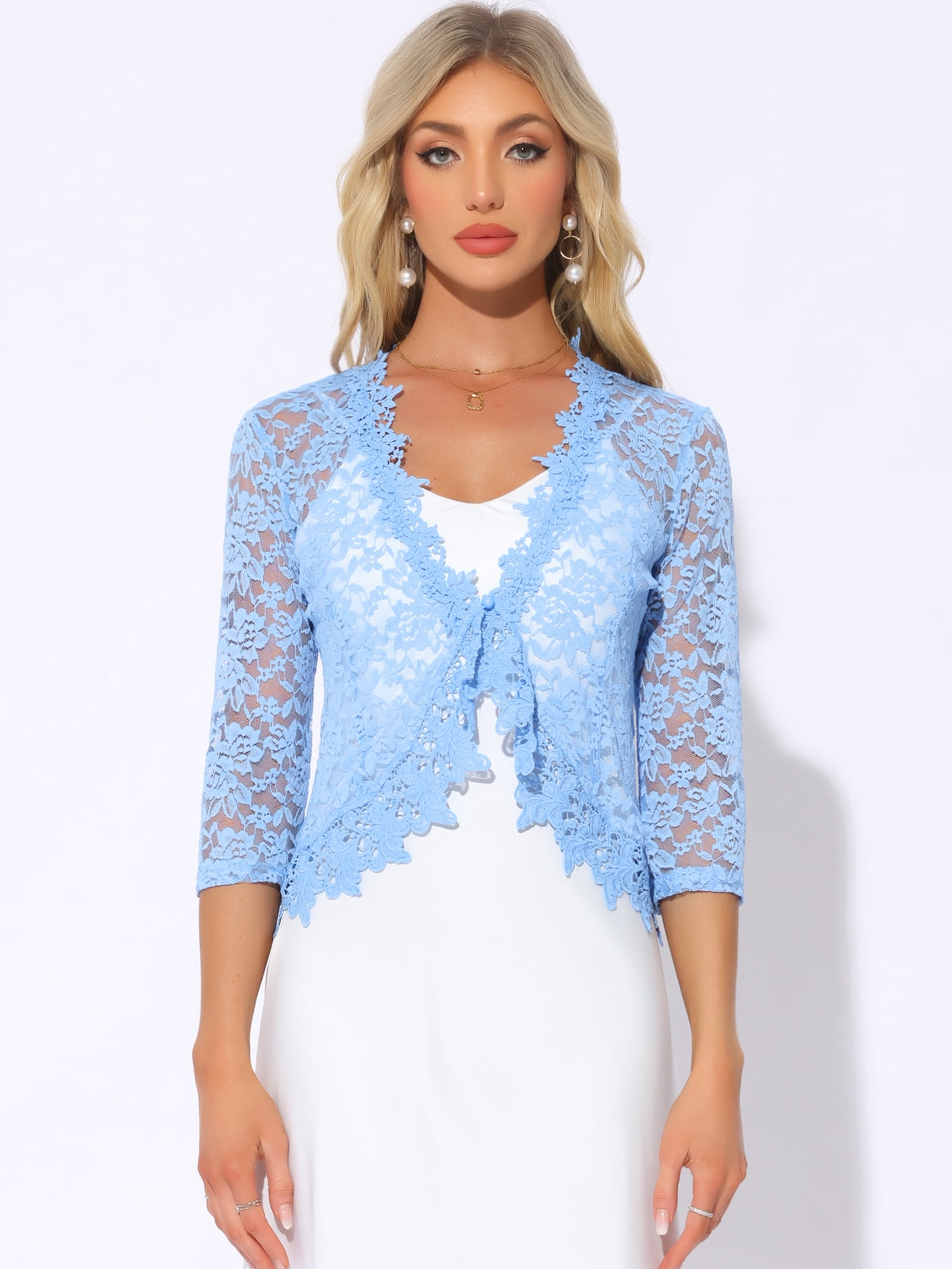 DARING DIVA Women's Floral Lace Shrugs Evening 3/4 Sleeves Formal Bolero Cardigan L Light Blue