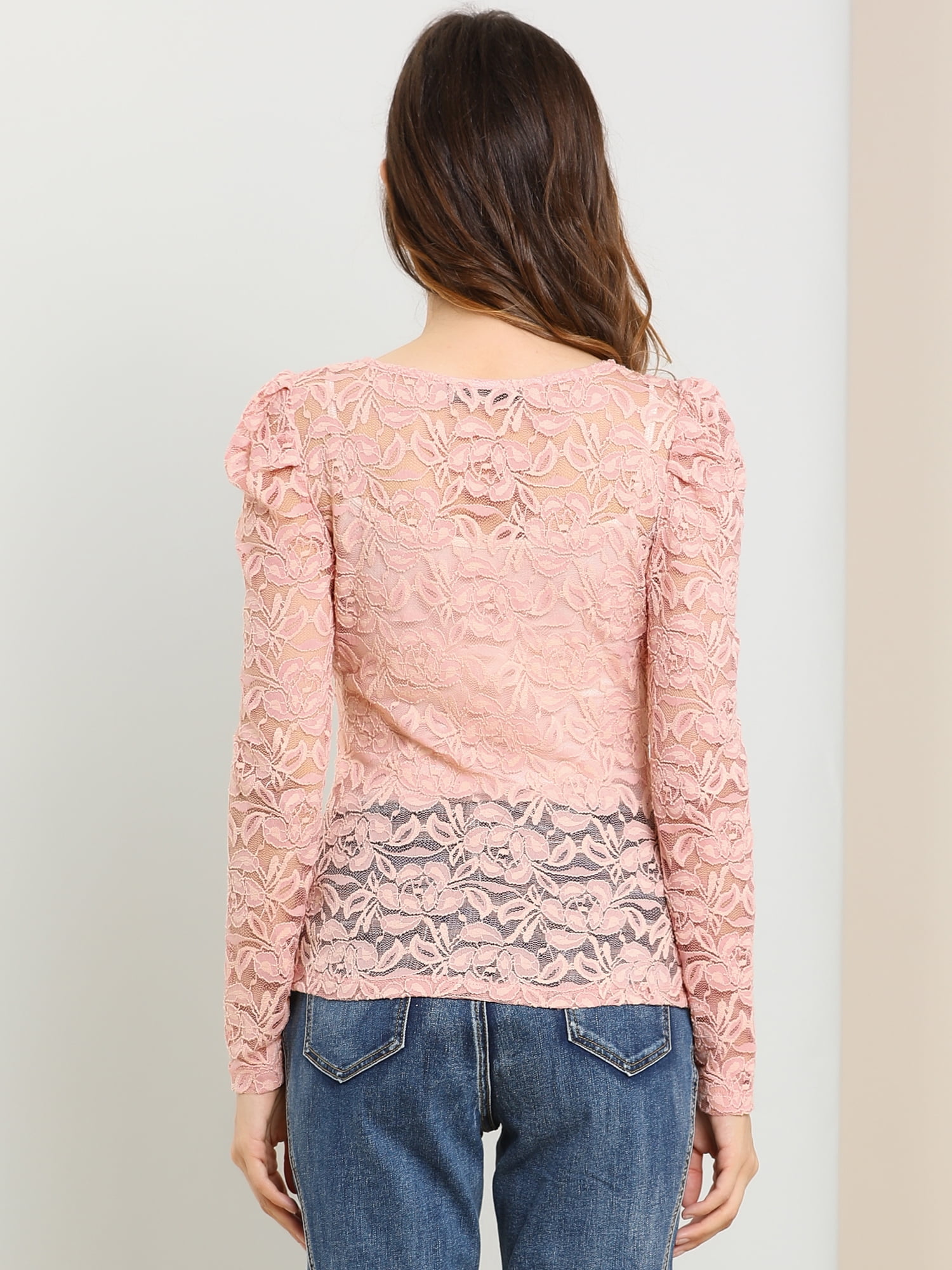 DARING DIVA Lace Embroidery Semi Sheer Puff Sleeve Tops 3XL Pink