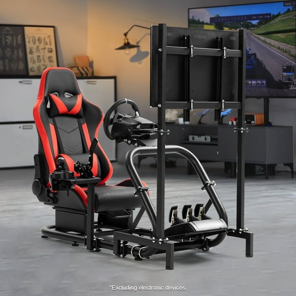 Marada Racing Cockpit Adults Alloy Steel Gaming Chair with TV Stand and Wheel Stand, Red/Black