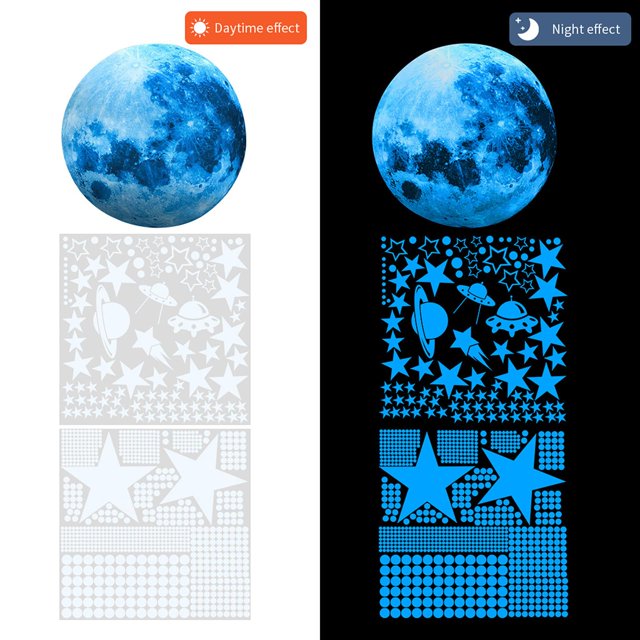 Calcomanías De Pared Calcomanías de pared que brillan en la oscuridad-3D Moon Boat pegatinas de arte extraíbles (azul) Wdftyju Libre de BPA
