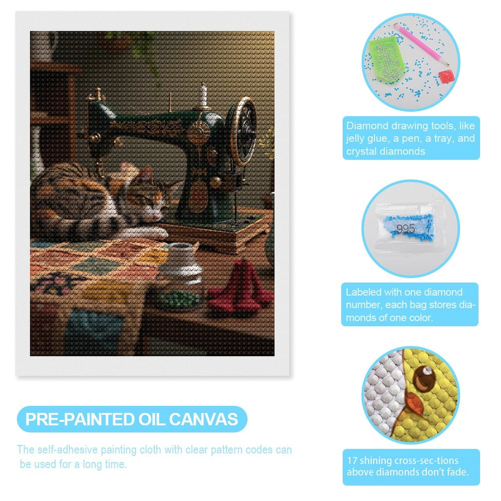 Diamond Art Kits for Adults, Calico Cat Sewing Machine Vintage Quilt 5D Diamond Painting Kits for Adults Beginners, DIY Full Drill Diamond Painting, Gem Art and Crafts 12x16