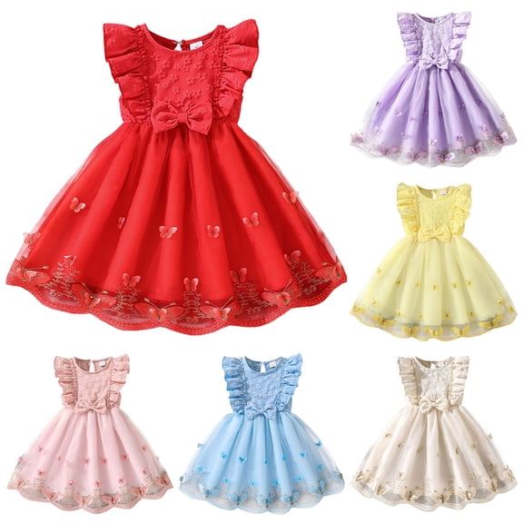 WUANDIXFA Girls Flower Tulle Tutu Dress Ruffle Sleeve Butterflies Floral Formal Pageant Princess Party Birthday Dresses (Pink, 5-6 Years)