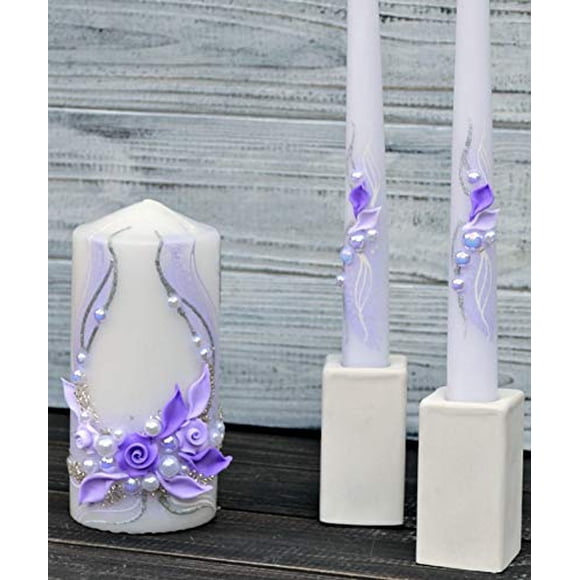 Magik Life Bougie d'Unité pour Mariage - Accessoires de Mariage pour Réception et Cérémonie - Ensembles de Bougies - Bougie d'Unité 6 Pouces Pilier et 2 * 10 Pouces Effilés-Violet