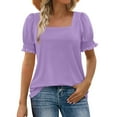 thumbnail image 3 of Htigea Women's Square Neck Smocked Peplum Top Ruffle Short Sleeve Babydoll Blouse Purple,S, 3 of 6