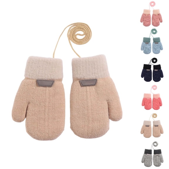 Bmisegm Winter Gloves Kids Detachable Lanyard Double Layer Thermal Knitted Mittens Soft Cold Weather Handwear Khaki