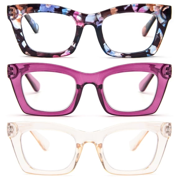 REAVEE 3 Pairs Oversized Square Reading Glasses with Case Oprah Style for Women, Blue Light Blocking Large Frame Computer Readers Spring Hinge Purple Champagne Floral