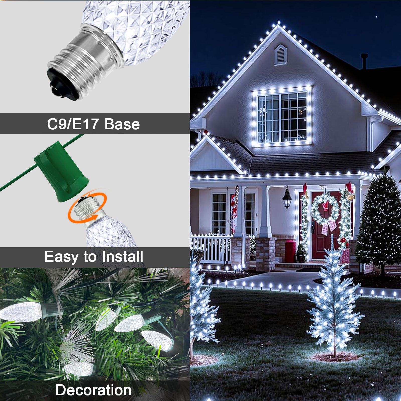 LAMPHOME White C9 Christmas String Light Outdoor, 25FT Shatterproof LED for House Rooflines & Pathways, Connectable Waterproof Vintage Christmas Light for Tree, Yard, Patio, Porch, Garden
