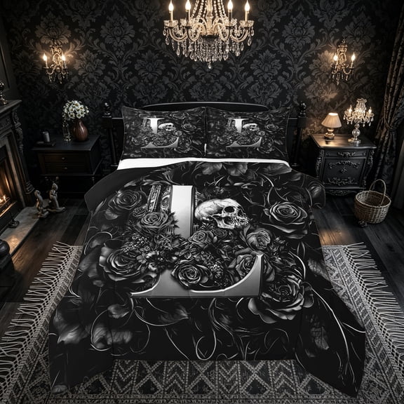 Feelyou Rose Skull Alphabet L Full Size Comforter Sets for Women Girls, Gothic Floral Monogram Bedding Comforter Set, Black Reversible, 3pcs, 1 Comforter and 2 Pillowcases