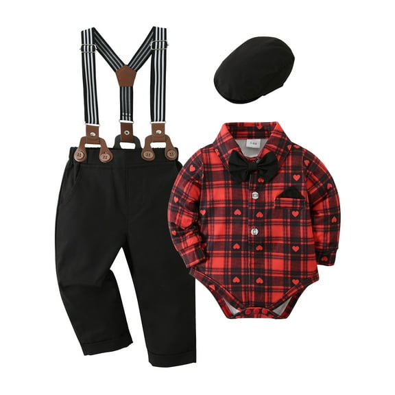 Baby Boy Clothes Outfit Formal Suits Newborn Plaid Romper Shirts Suspender Pants Hat 3-24 Month 4pcs