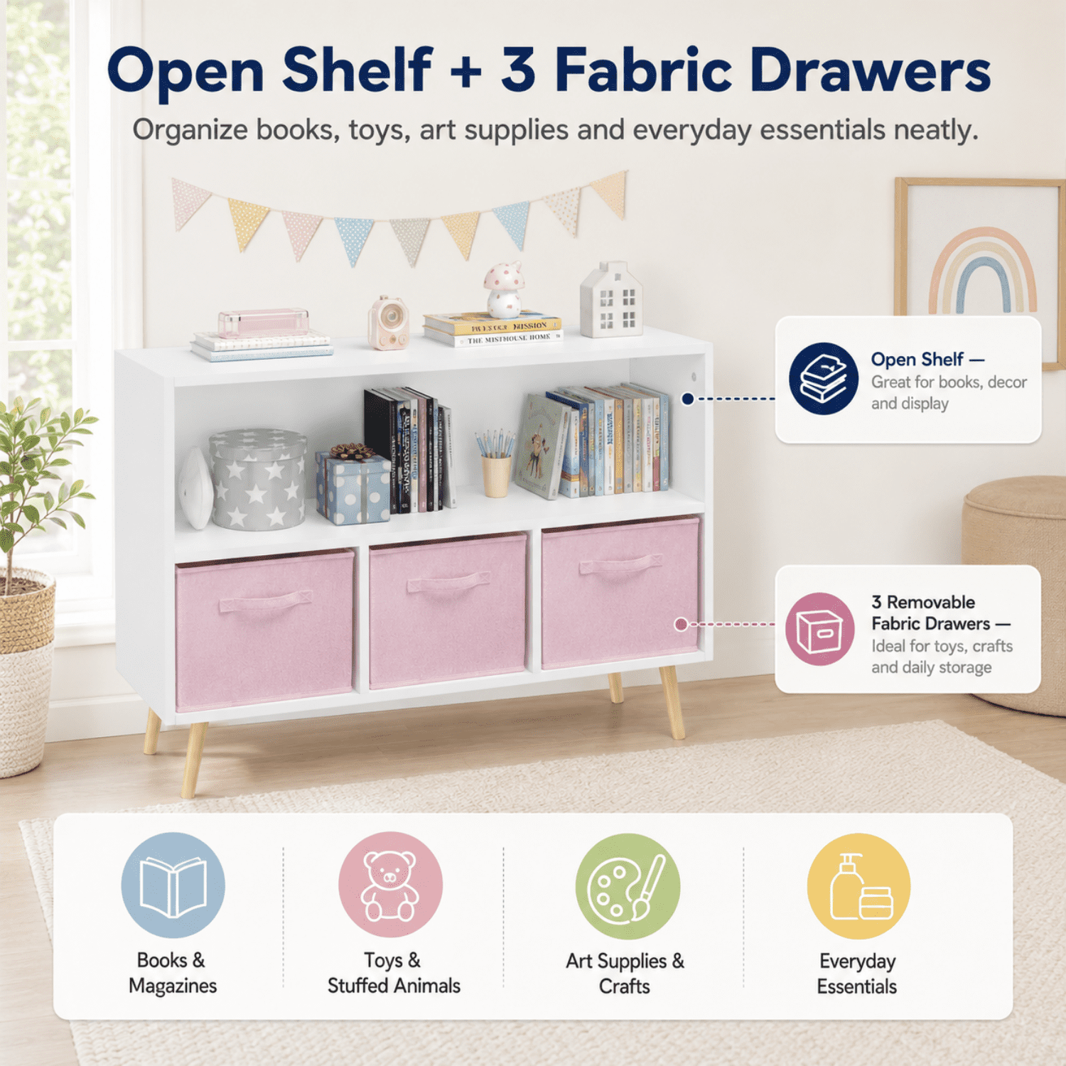 Miniyam Kids Bookcase with Storage Bins, 3 Fabric Drawers, Wooden Toy Organizer for Kids Room, Pink