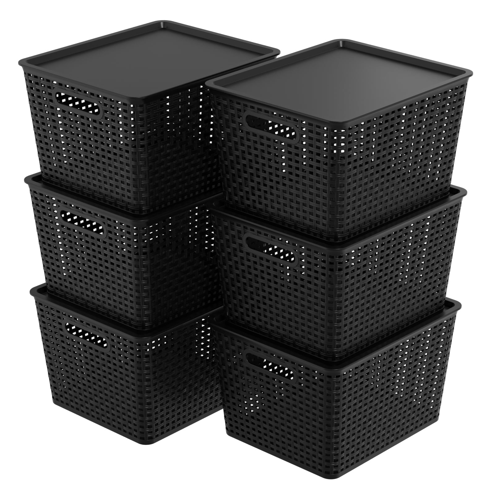 Ramddy Large Plastic Basket with Lid, Black Woven Storage Baskets, 6 Pack
