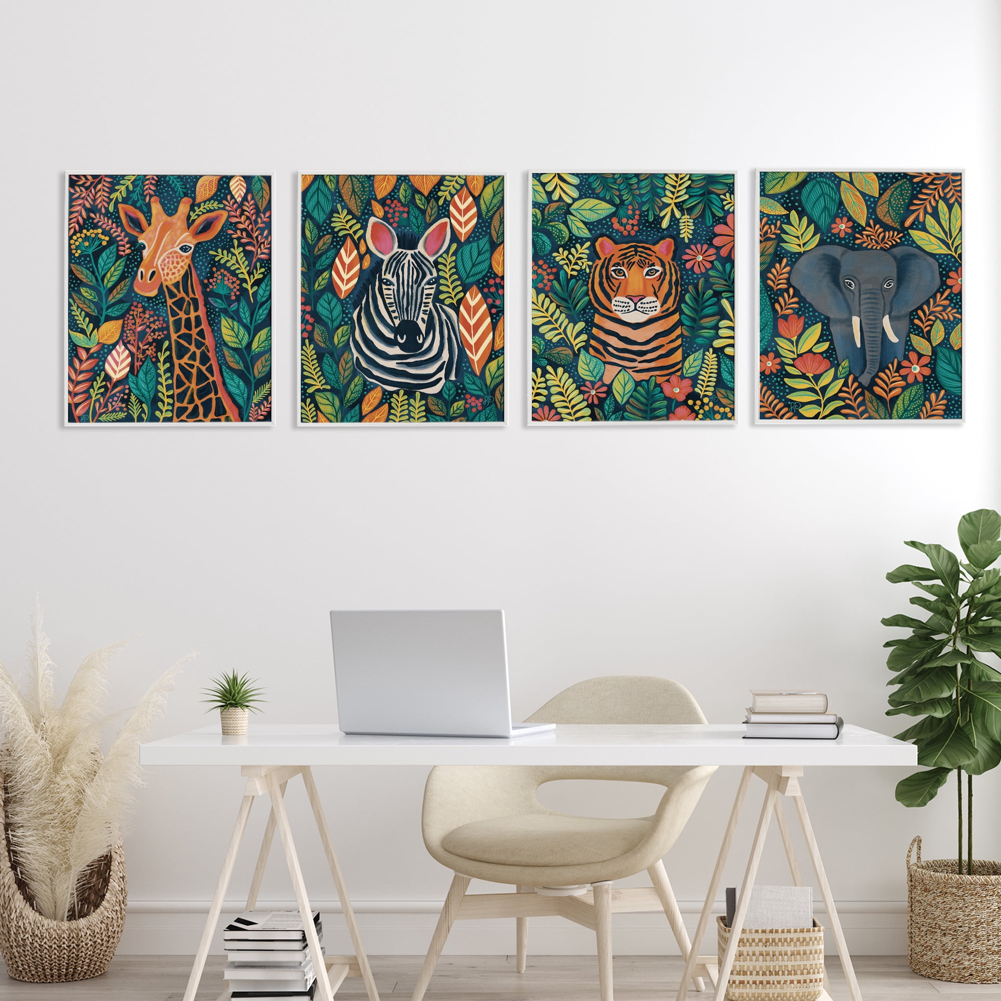 Stupell Industries Jungle Leaf Pattern Animals 4 Piece White Framed Giclee Art Set, design by Lisa R Dumm
