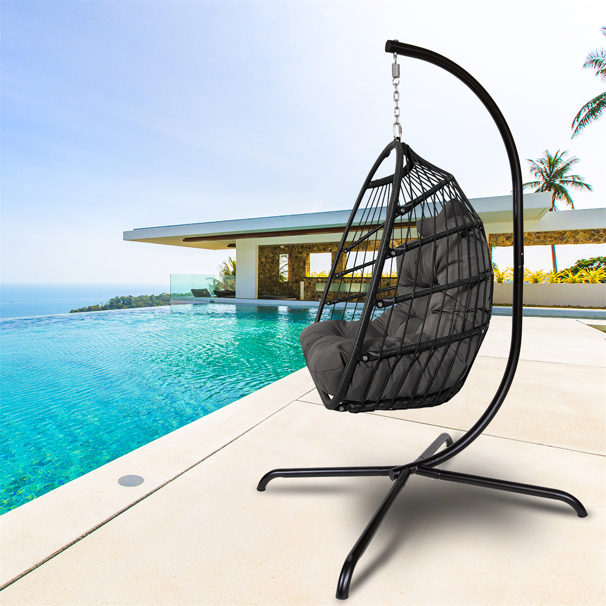 ARCTICSCORPION Black Swing Egg Chair with Stand, Indoor Outdoor Wicker Rattan Patio Basket Hanging Chair with C Type Bracket, Hammock Chair with Cushion and Pillow, Wicker Folding Hanging Chair - image 2 of 7