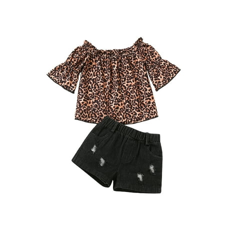 

Bagilaanoe 2Pcs Toddler Baby Girls Short Pants Set Half Sleeve Off Shoulder Leopard Pullover Tops Ripped Denim Shorts 1T 2T 3T 4T 5T 6T Kids Casual Outfits