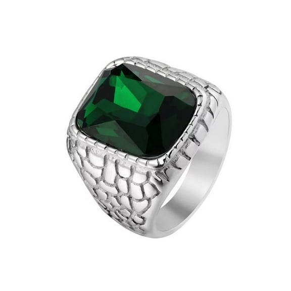 PAMTIER Unisex Stainless Steel Vintage Domineering Cool Large Square Green Gemstone Crack Signet Motorcycle Ring Punk Wedding Band Silver Size 8