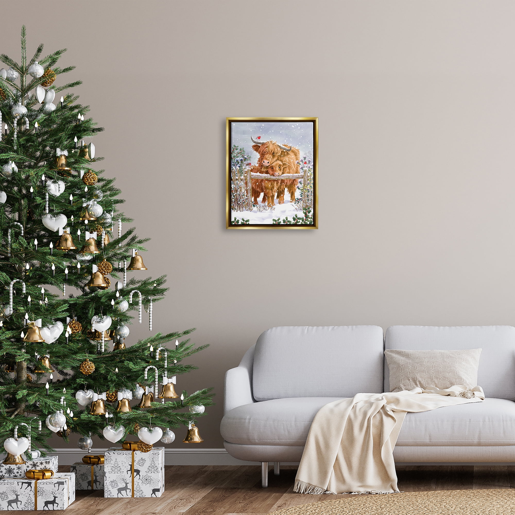 Stupell Industries Winter Cattle Cuddling Snow Scene Holiday Painting Gold Floater Framed Art Print Wall Art