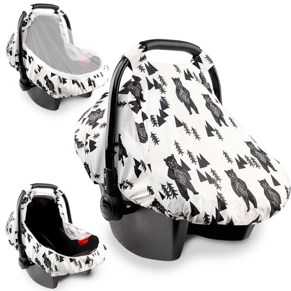 Infant Car Seat Canopy with Peep Windows and Breathable Mesh, Kick-Proof, Soft Stretchy Baby Car Seat Cover for Newborns, Black